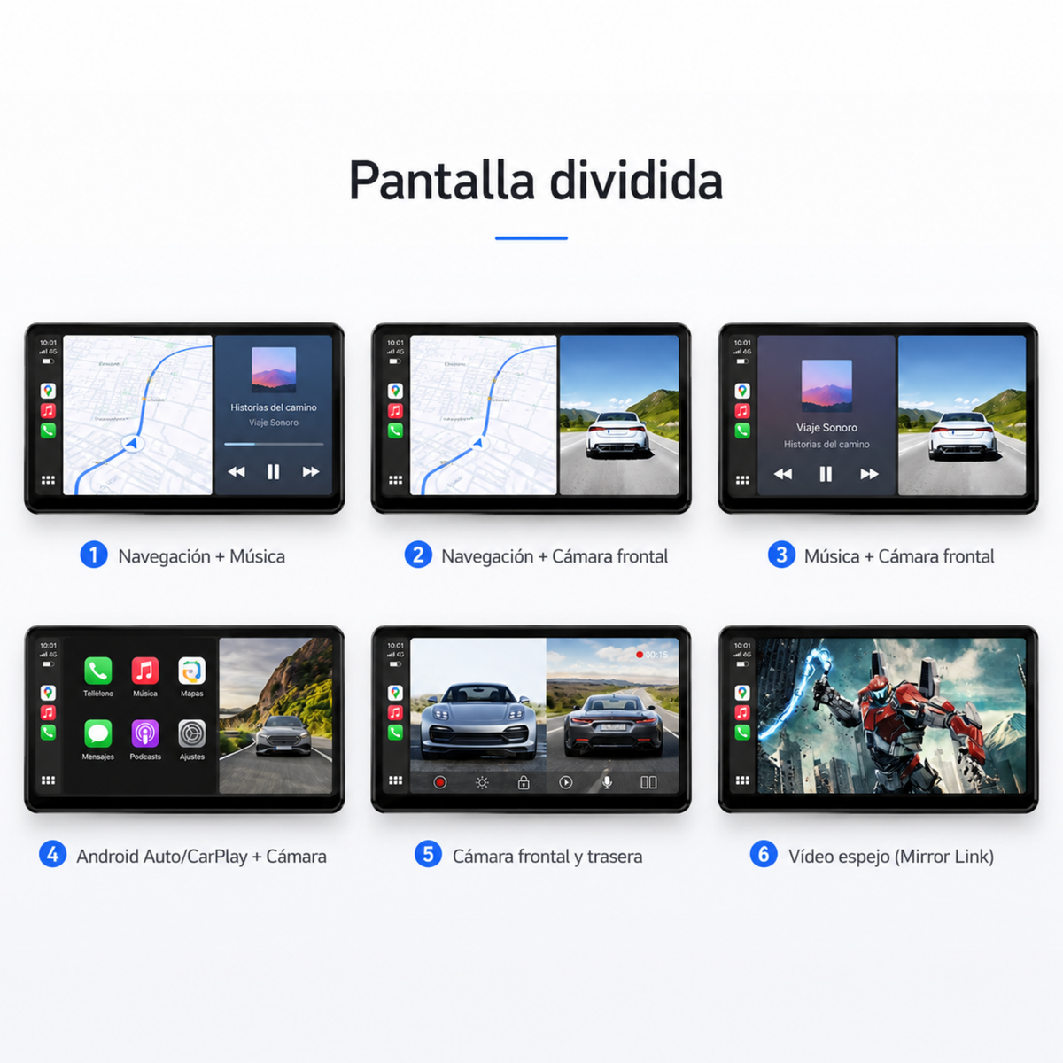 Pantalla dividida: navegación, música, cámara frontal y trasera