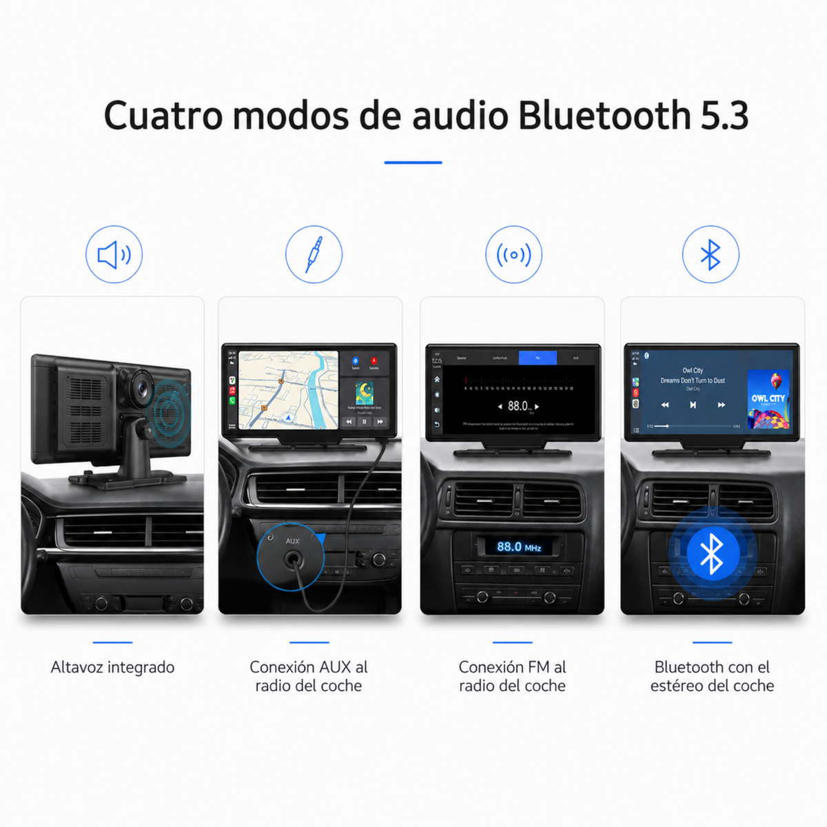 Cuatro modos de audio Bluetooth 5.3: altavoz integrado, AUX, FM y estéreo del coche