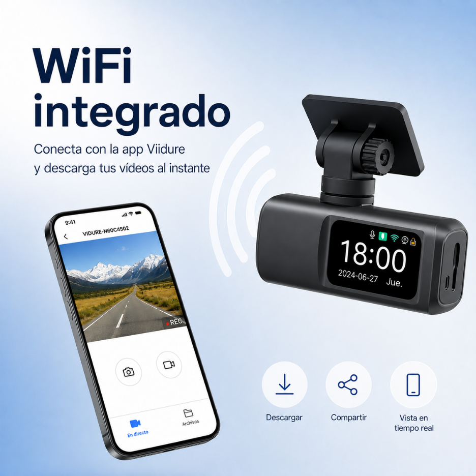 WiFi integrado con la app Viidure para ver y descargar videos