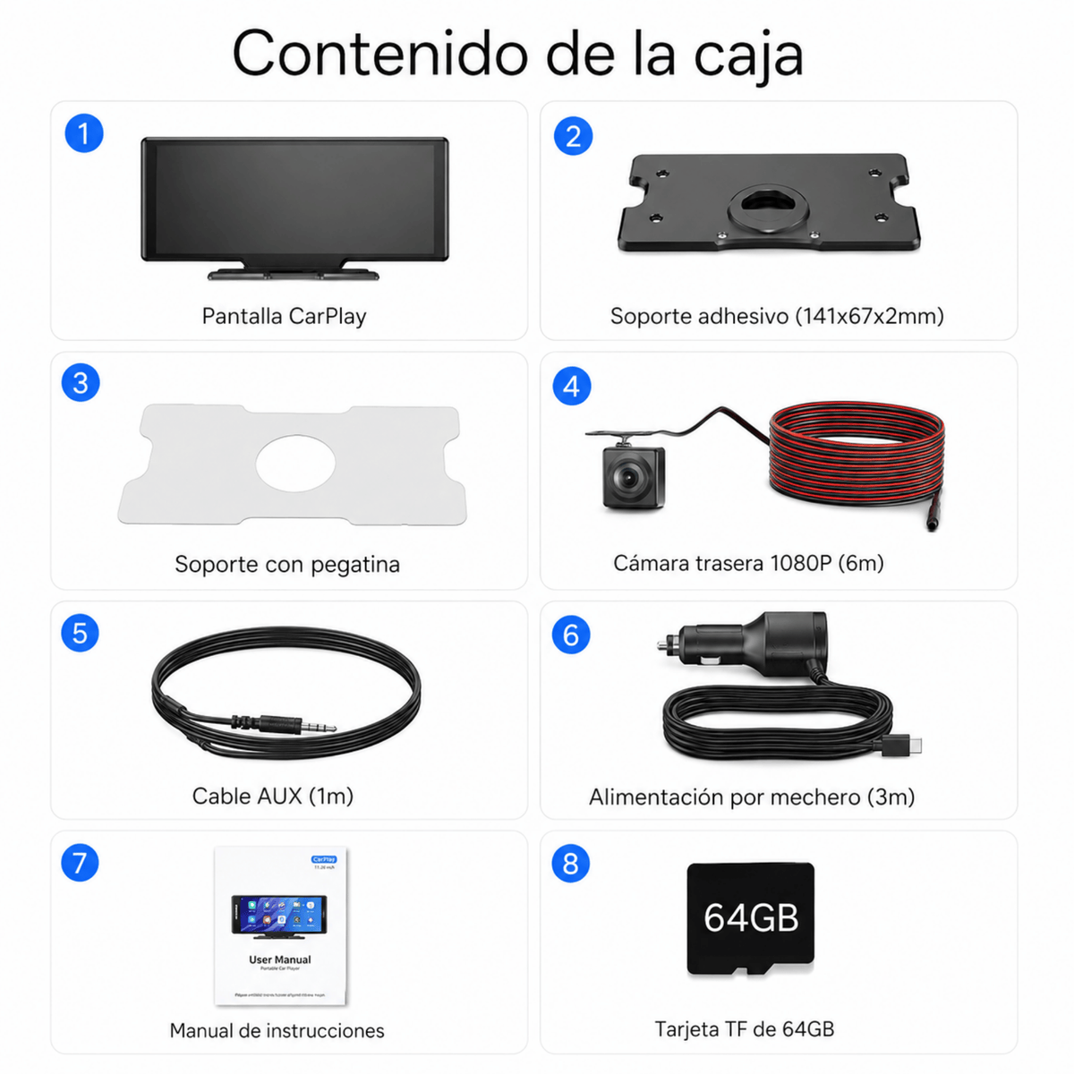 Contenido de la caja: pantalla CarPlay, soportes, cámara trasera, cable AUX, alimentación, manual y tarjeta TF