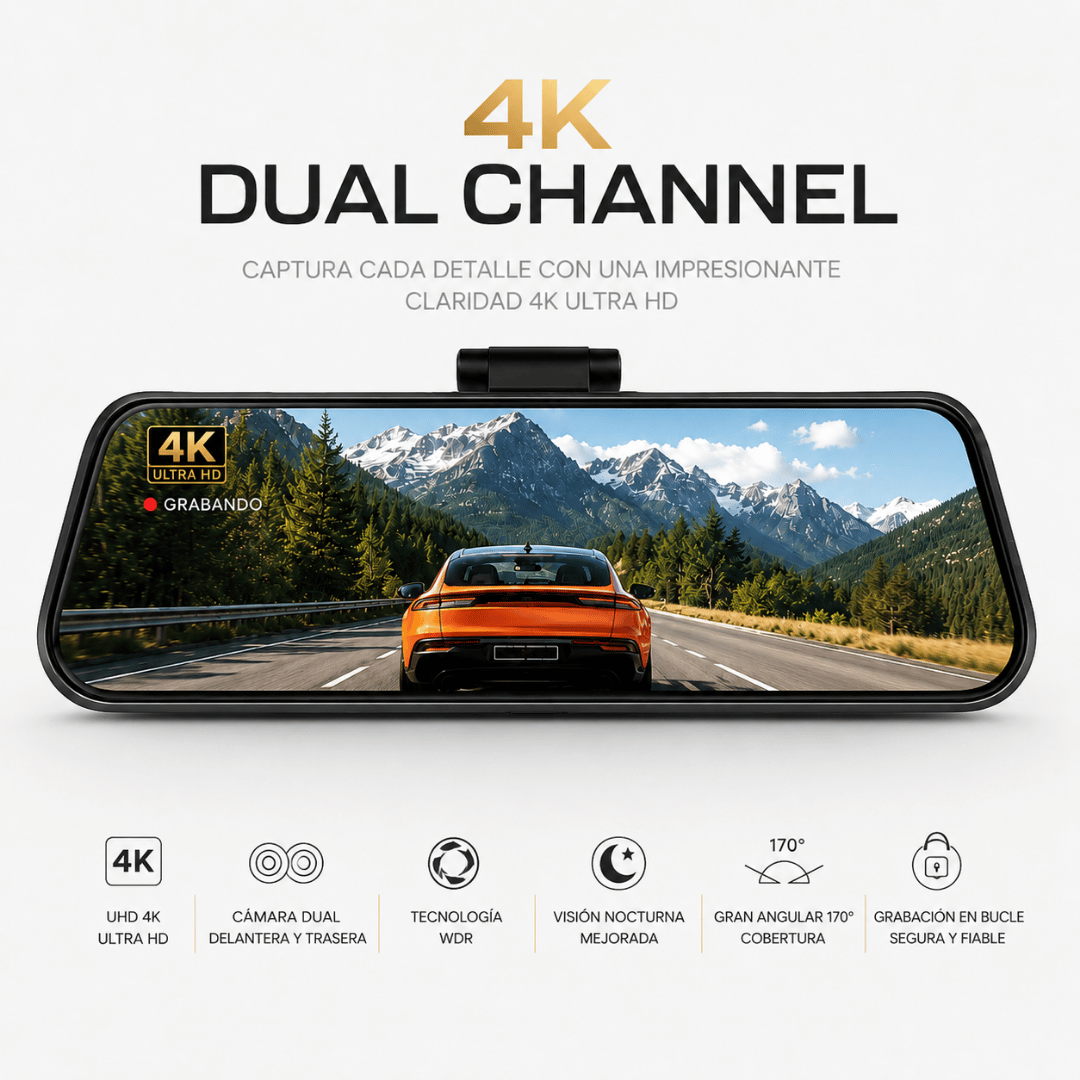 Grabación 4K dual channel con cámara delantera y trasera, imagen nítida en carretera
