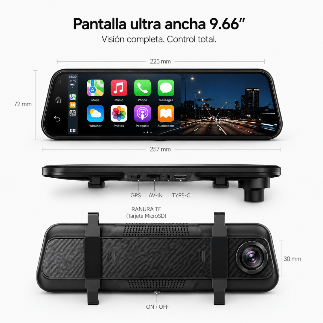 Pantalla ultra ancha de 9,66 pulgadas con medidas y conexiones del espejo retrovisor